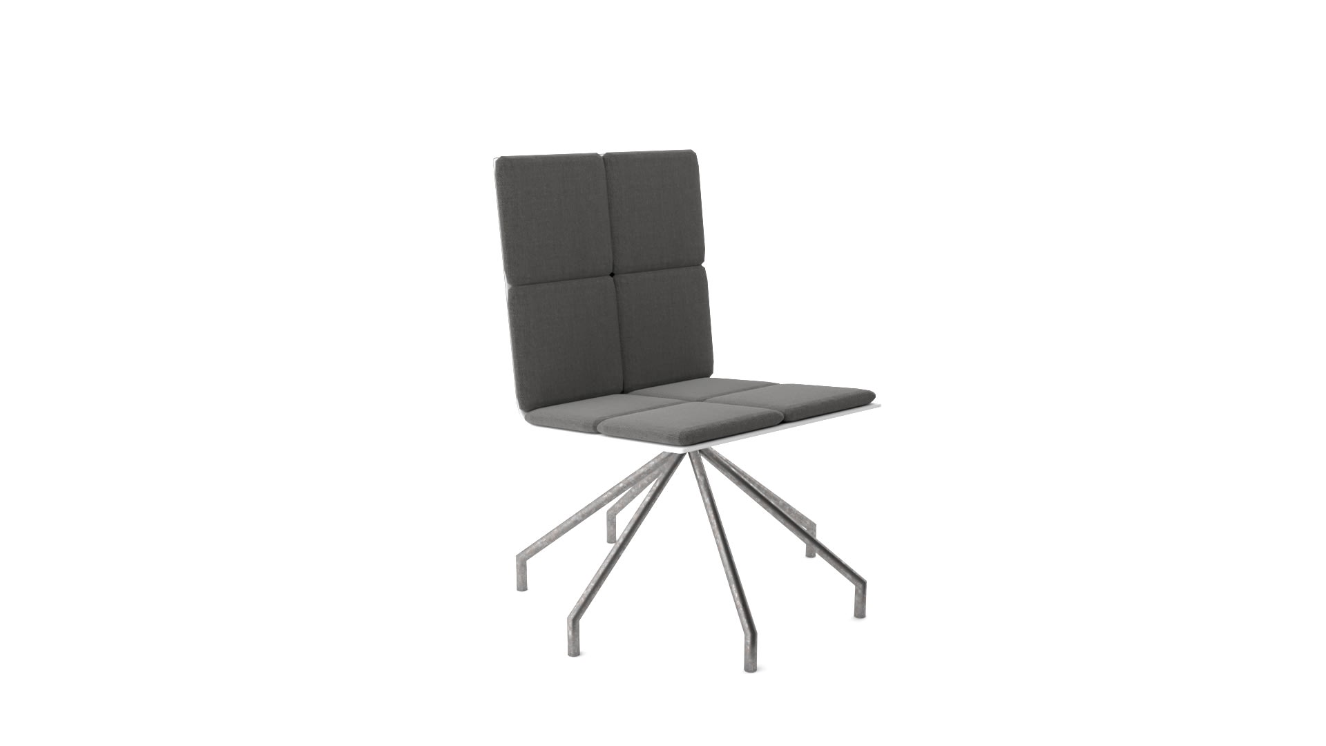 Dressy Plyfold dining chair 3D model, close view of split padded backrest and angled metal legs