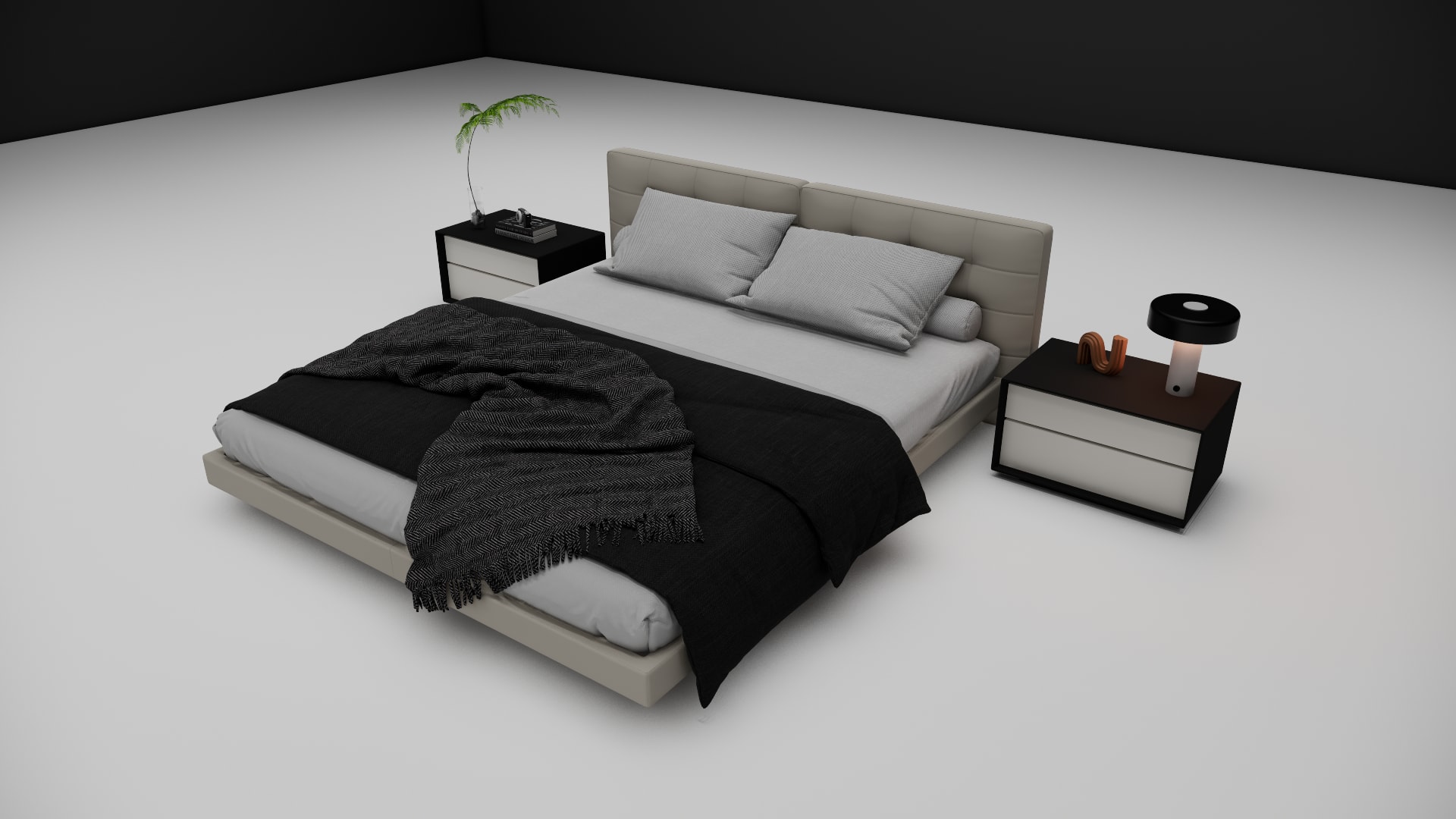Sterling platform floating bed 3D model side view showing low profile frame above the floor