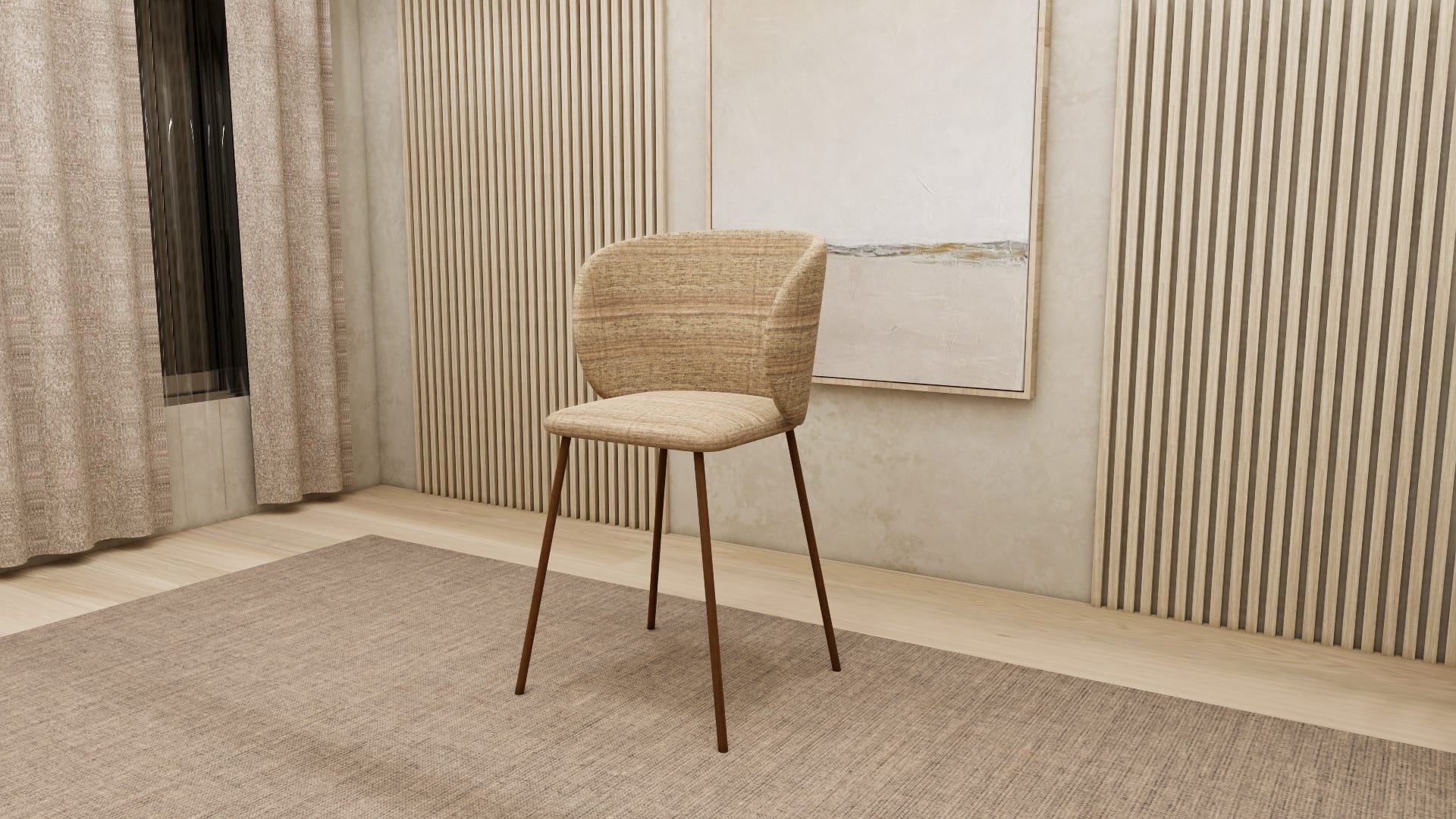 Satori dining chair 3D model, close view of wraparound back and padded seat