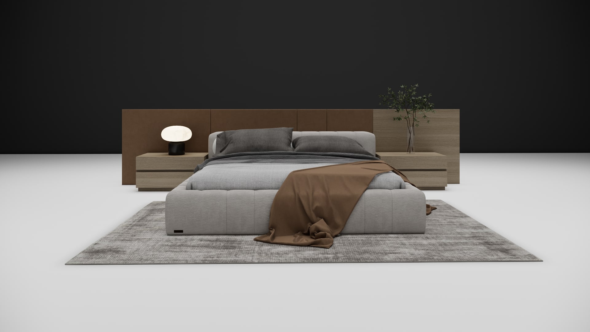 Hendrick brown leather and light oak panel headboard, detail view