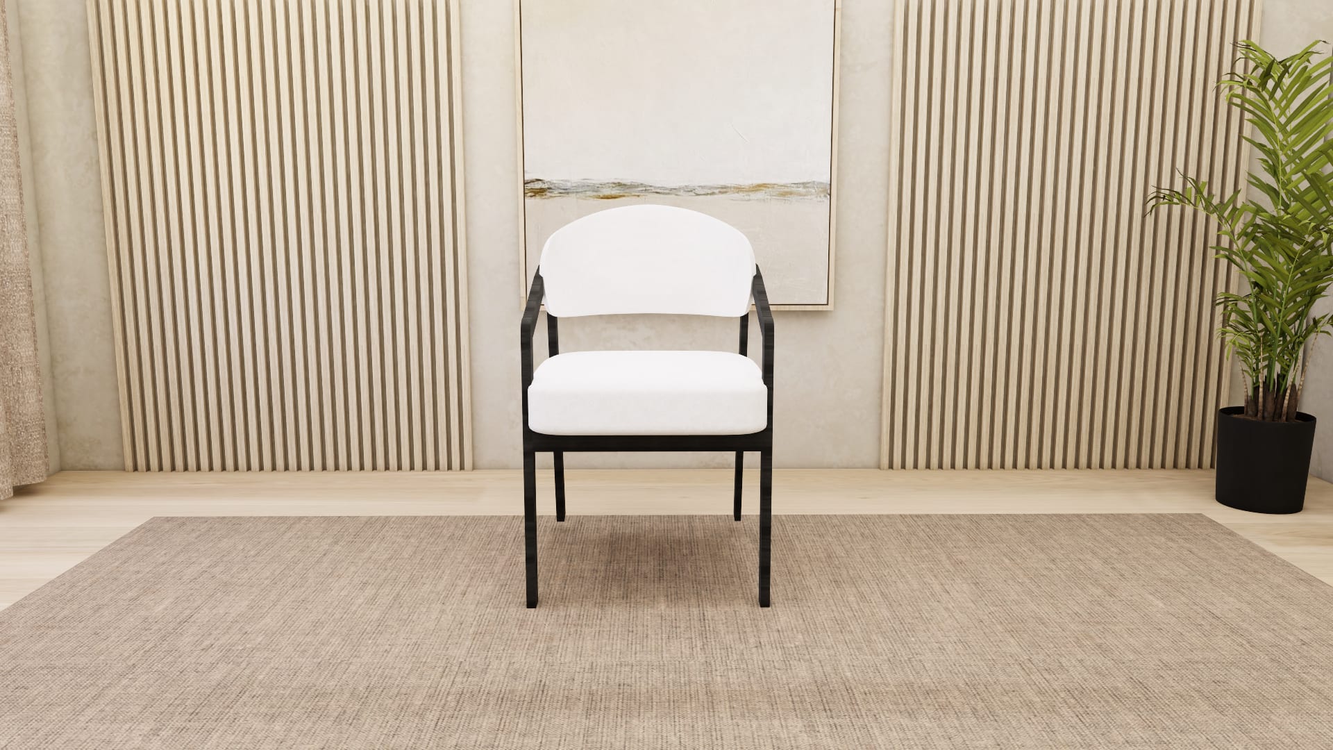 Ember dining armchair 3D model, close view of curved upholstered back and padded seat