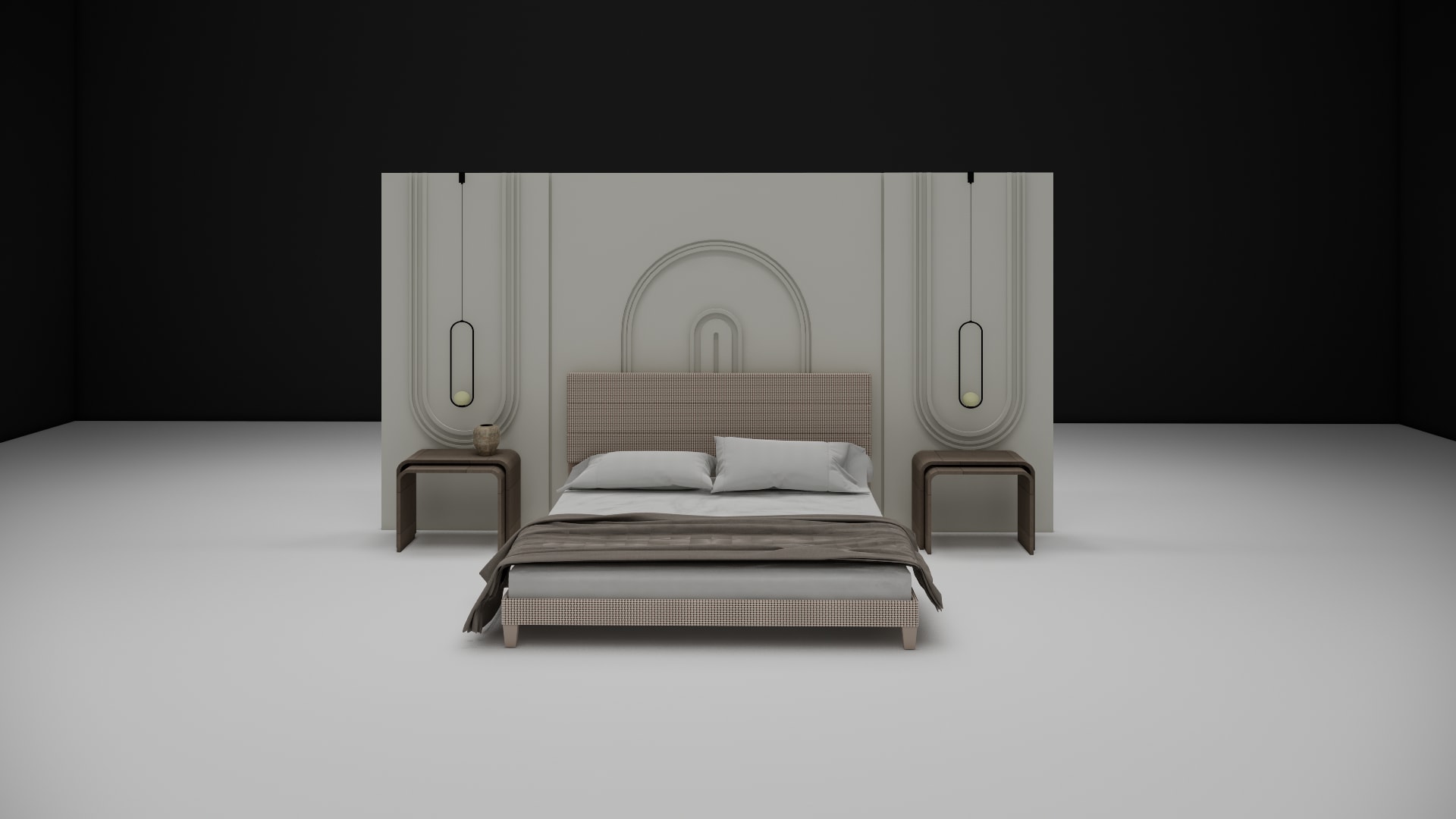 Panel headboard bed with wood nightstands, three quarter angle