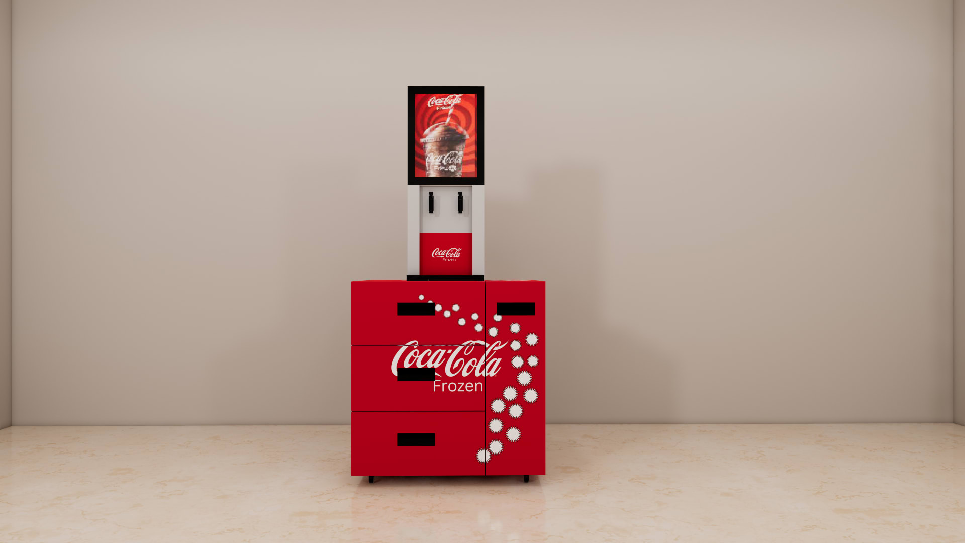 Close up of the two black tap handles and drip tray on the dispensing column of a frozen beverage dispenser