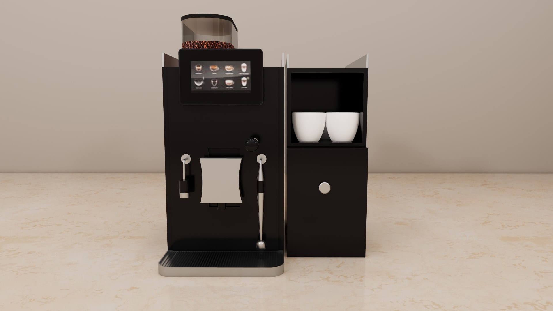 Bean to cup coffee maker 3D model, detail of the milk cooler module with cup shelf and the drip tray grate