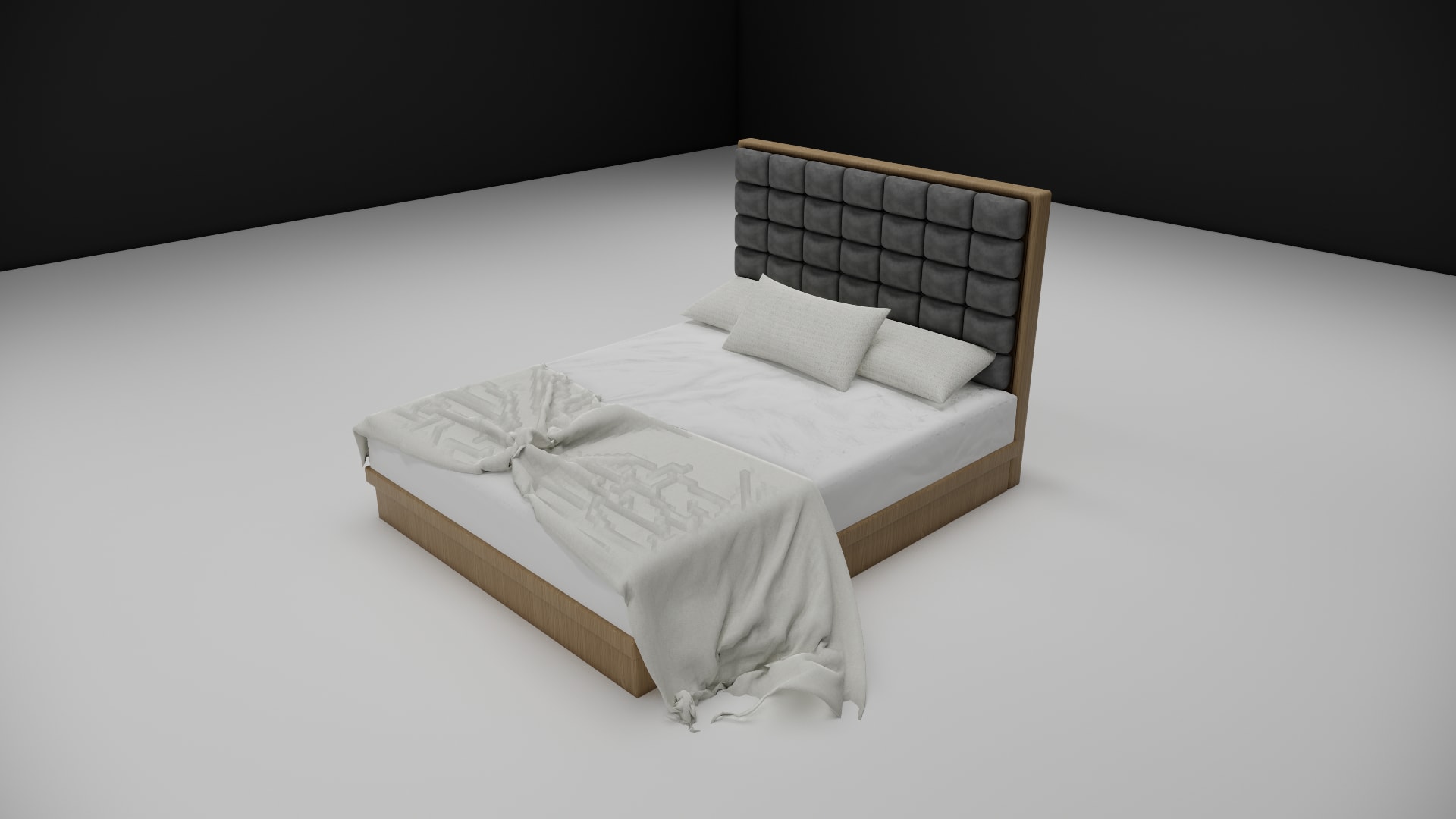 Kaelen platform bed 3d model, side view in 3d bed room scene