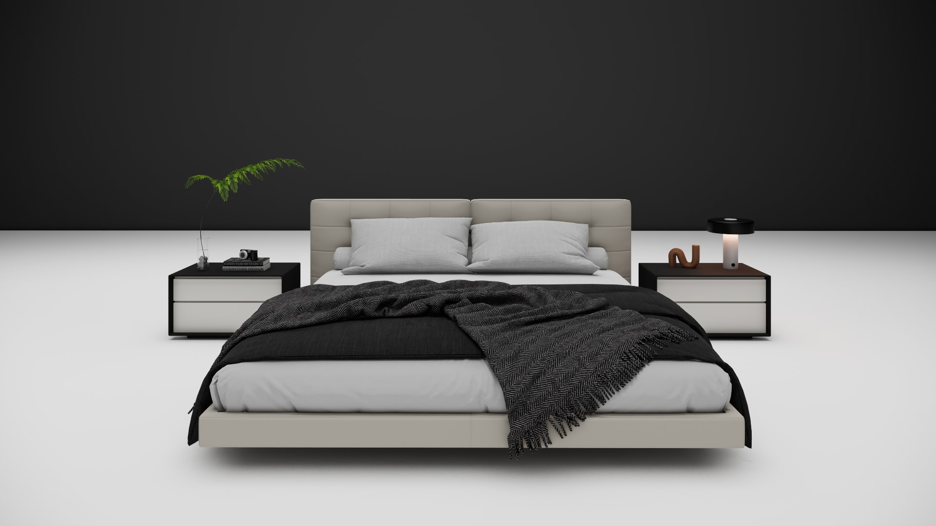 Sterling floating bed raised platform base with grid tufted gray headboard, three quarter angle