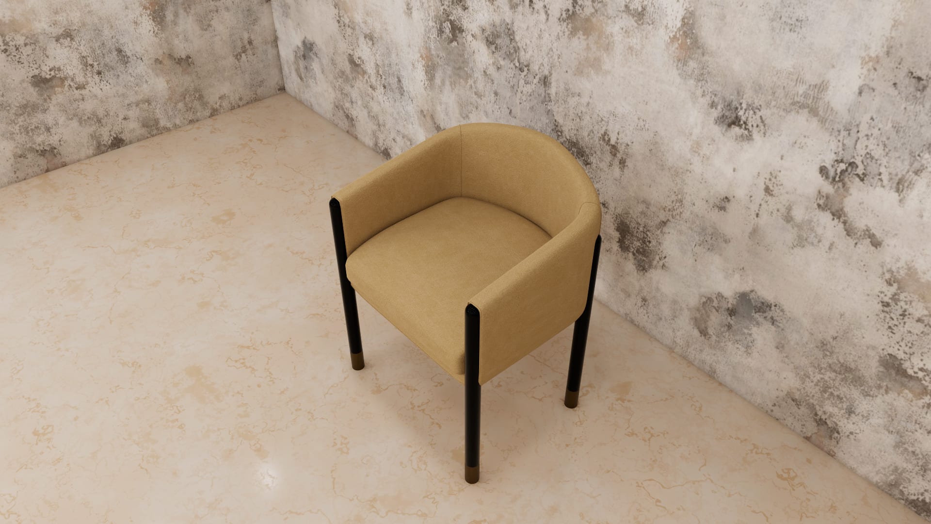 Camel dining armchair 3D model, close view of padded seat and wraparound back
