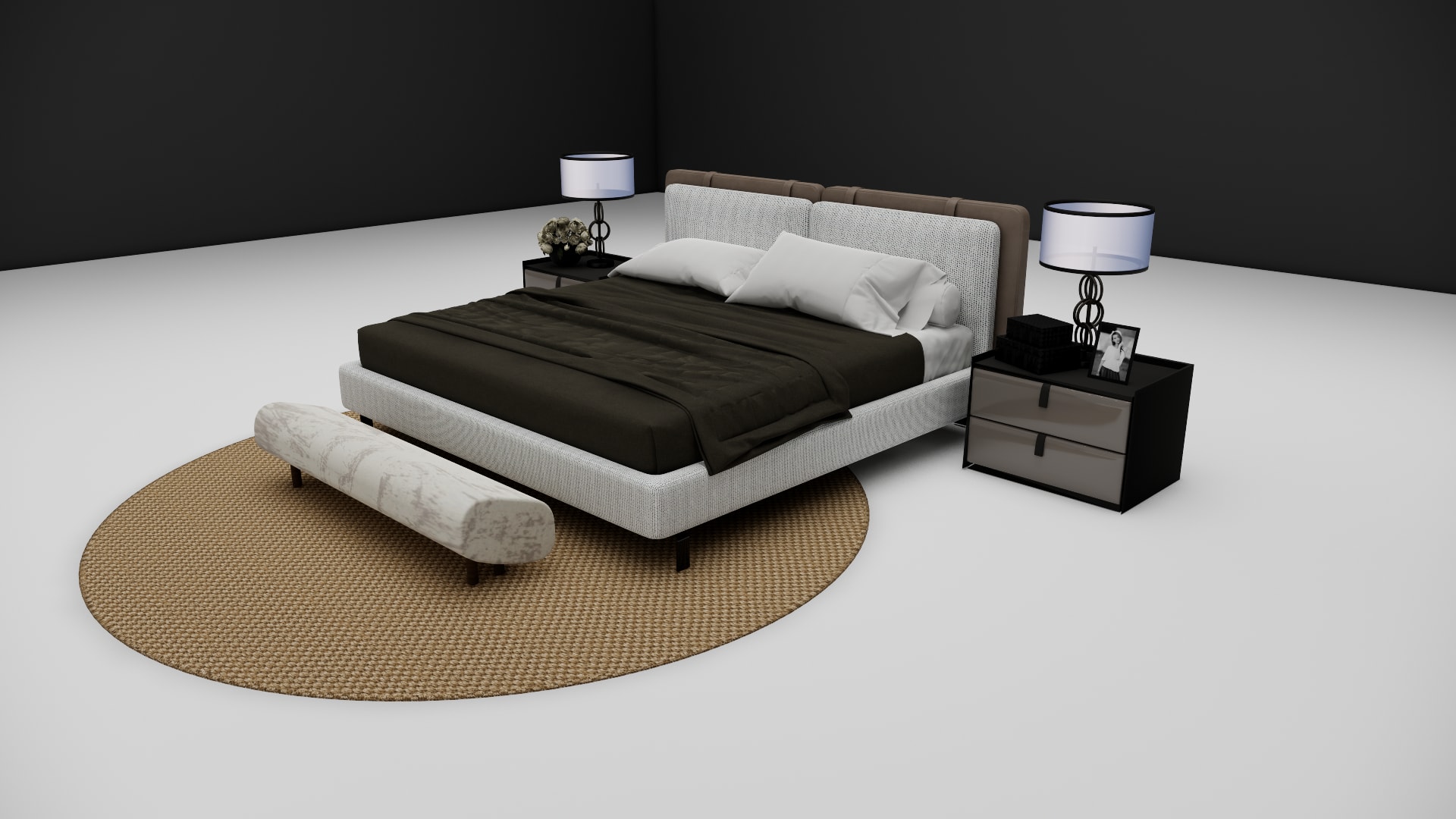 Weston bed nightstands with table lamps and framed decor, side view