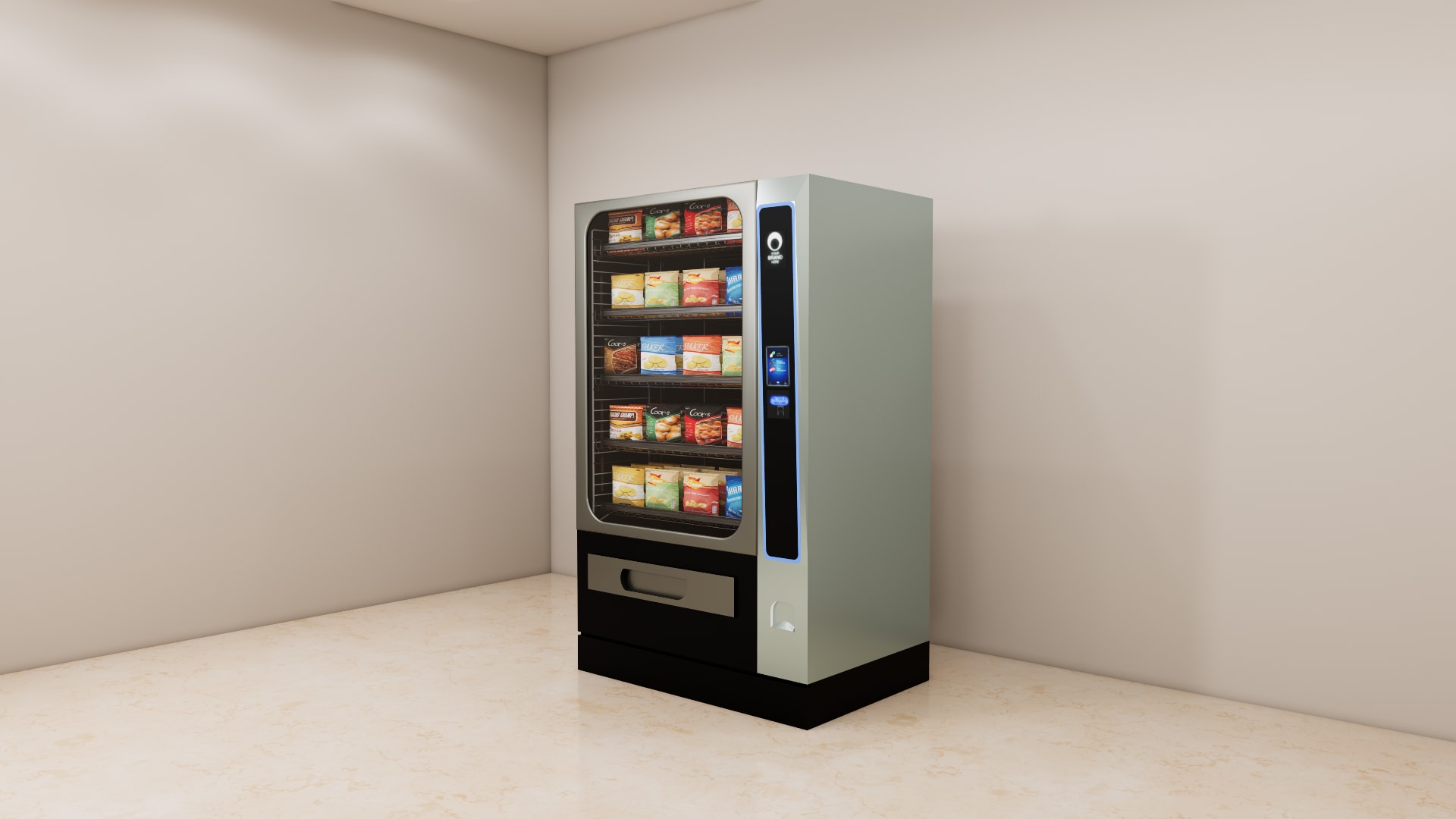 Three quarter view of a silver snack vending machine with curved glass window, wire shelves and blue lit side