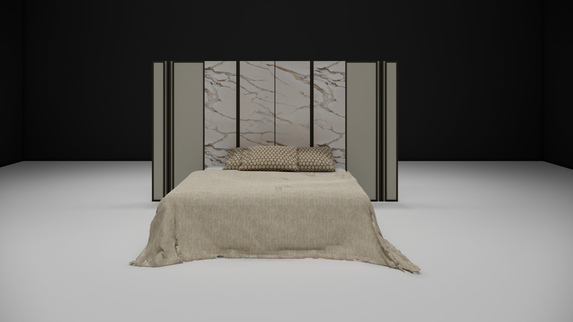 Leather backpanel bed taupe bedding with honeycomb bolster pillows