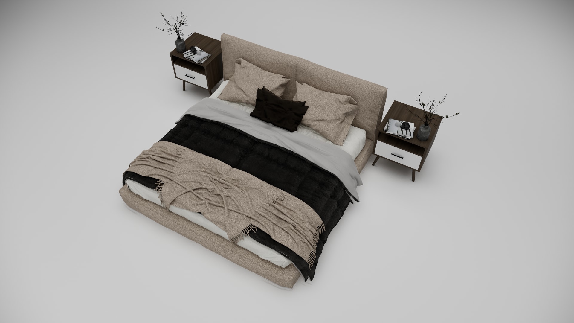 Ridley bed nightstand with dried branches and stacked magazines
