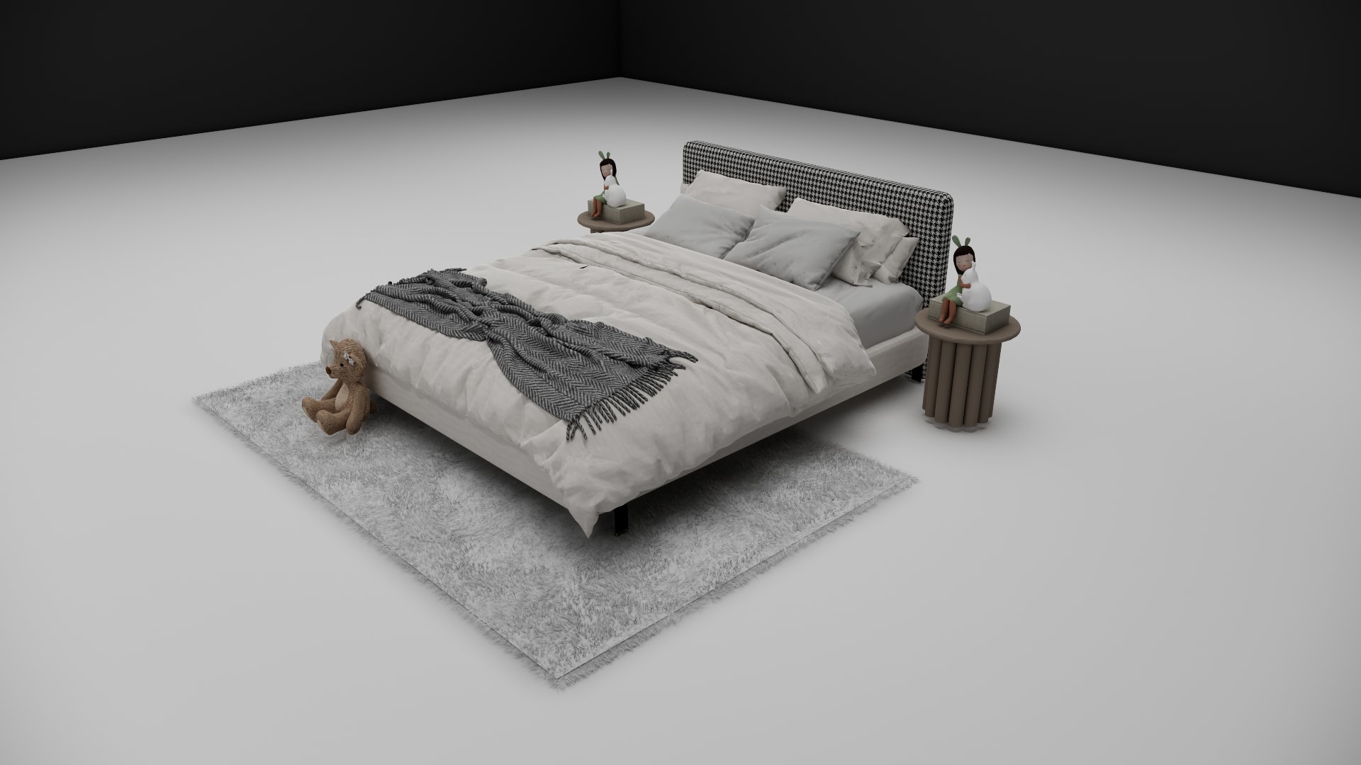 Harlow raised bed frame on slim black metal legs with charcoal herringbone throw