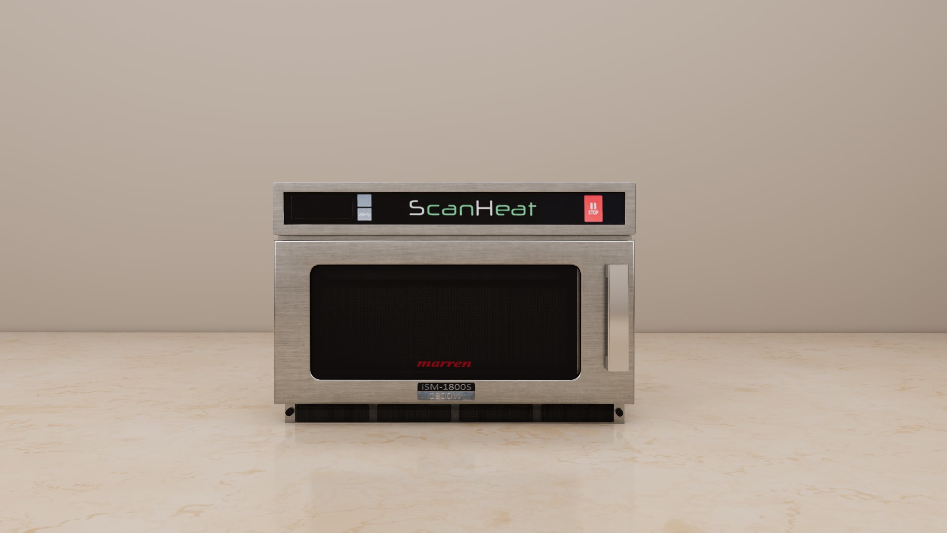 Stainless steel commercial microwave 3D model, detail of the vertical door handle, model plate, and front vent slots