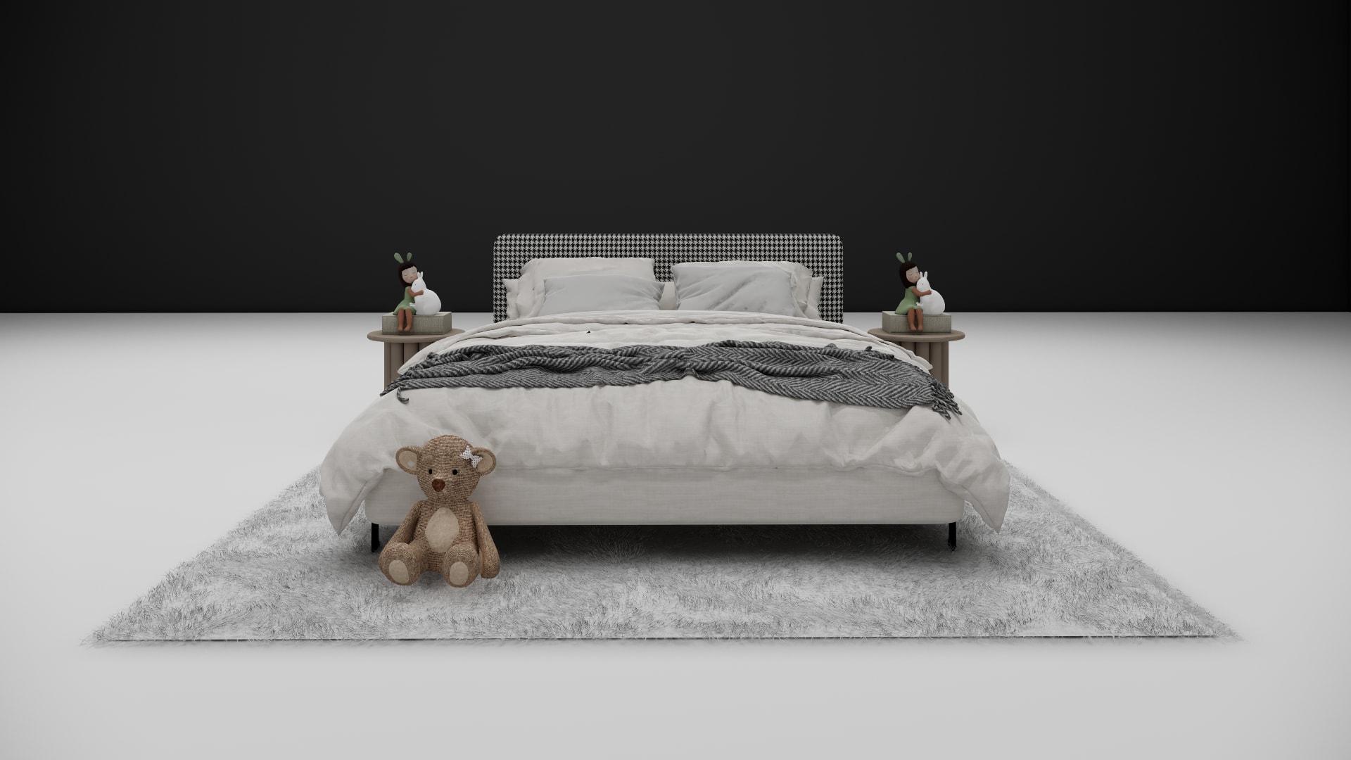 Harlow black and white houndstooth headboard with cream linen bedding