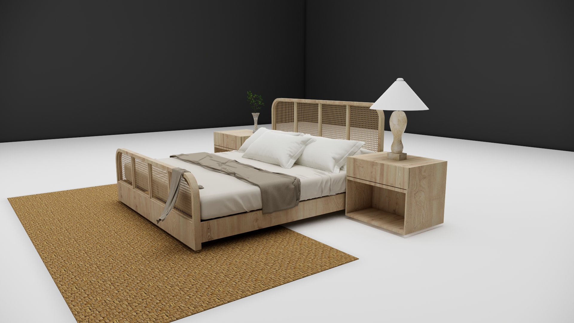 Sana cane bed footboard detail with woven rattan panel and light oak frame