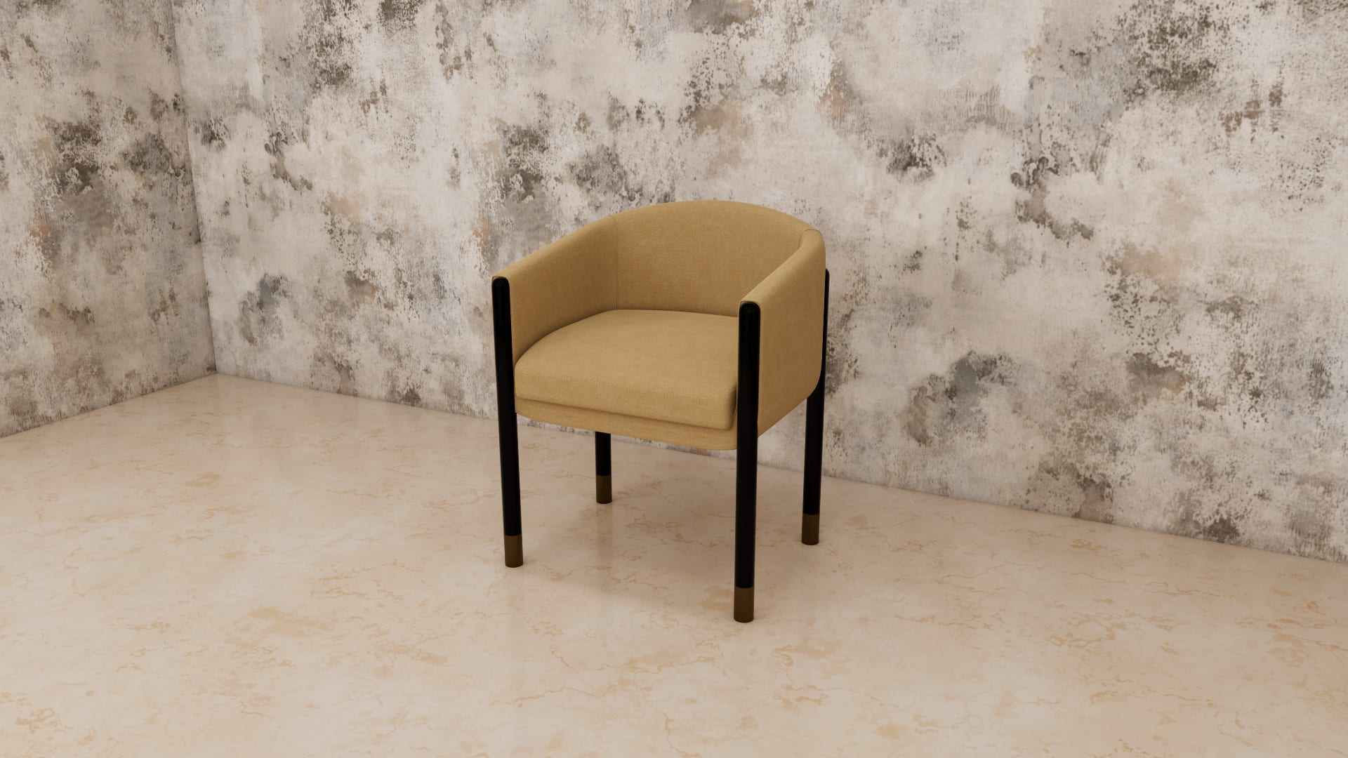 Camel curved back dining armchair SketchUp model, three quarter view with brass tipped black legs