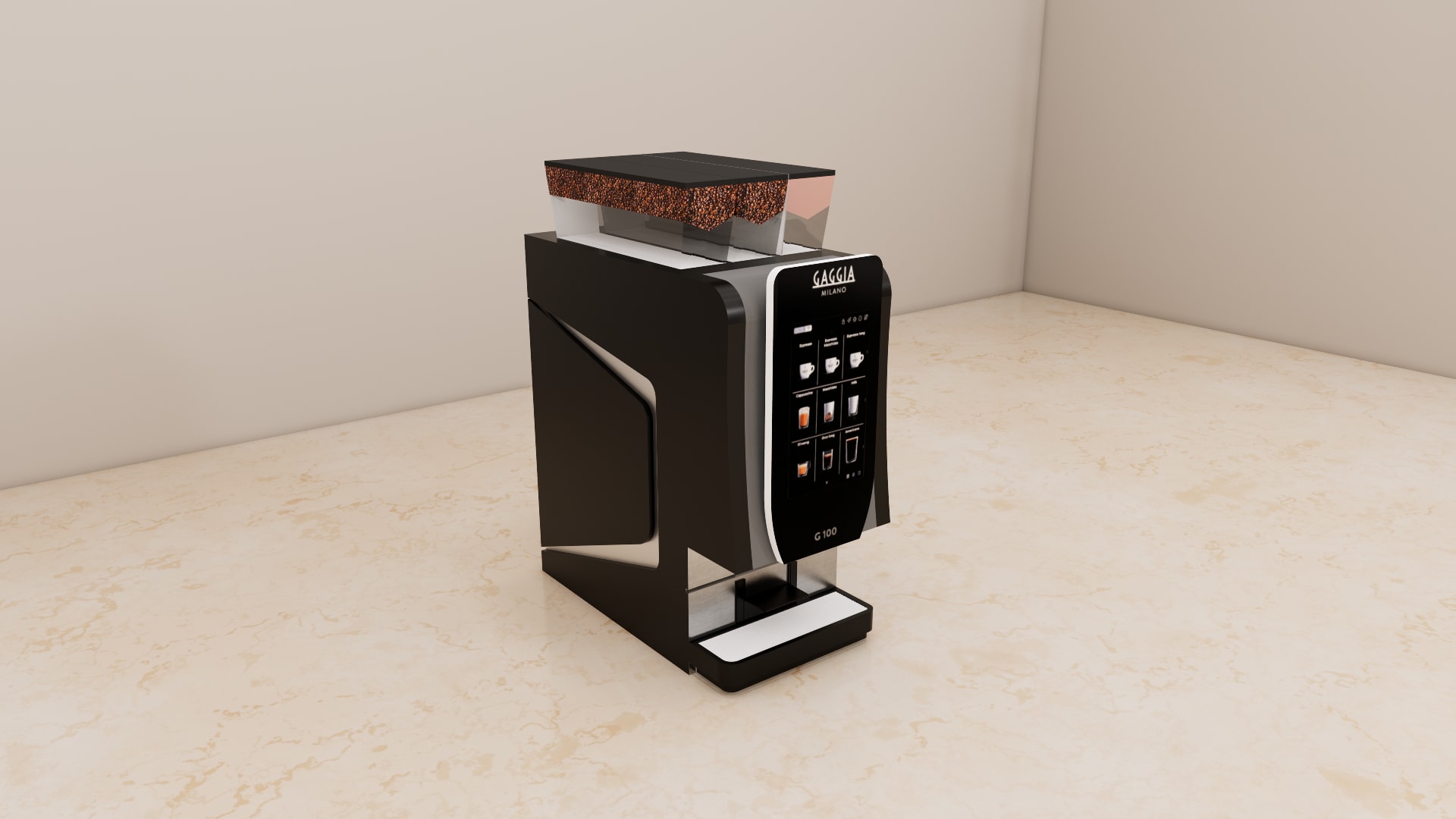 G 100 digital coffee machine 3D model, brushed silver lower panel and dark cup area with coffee cup