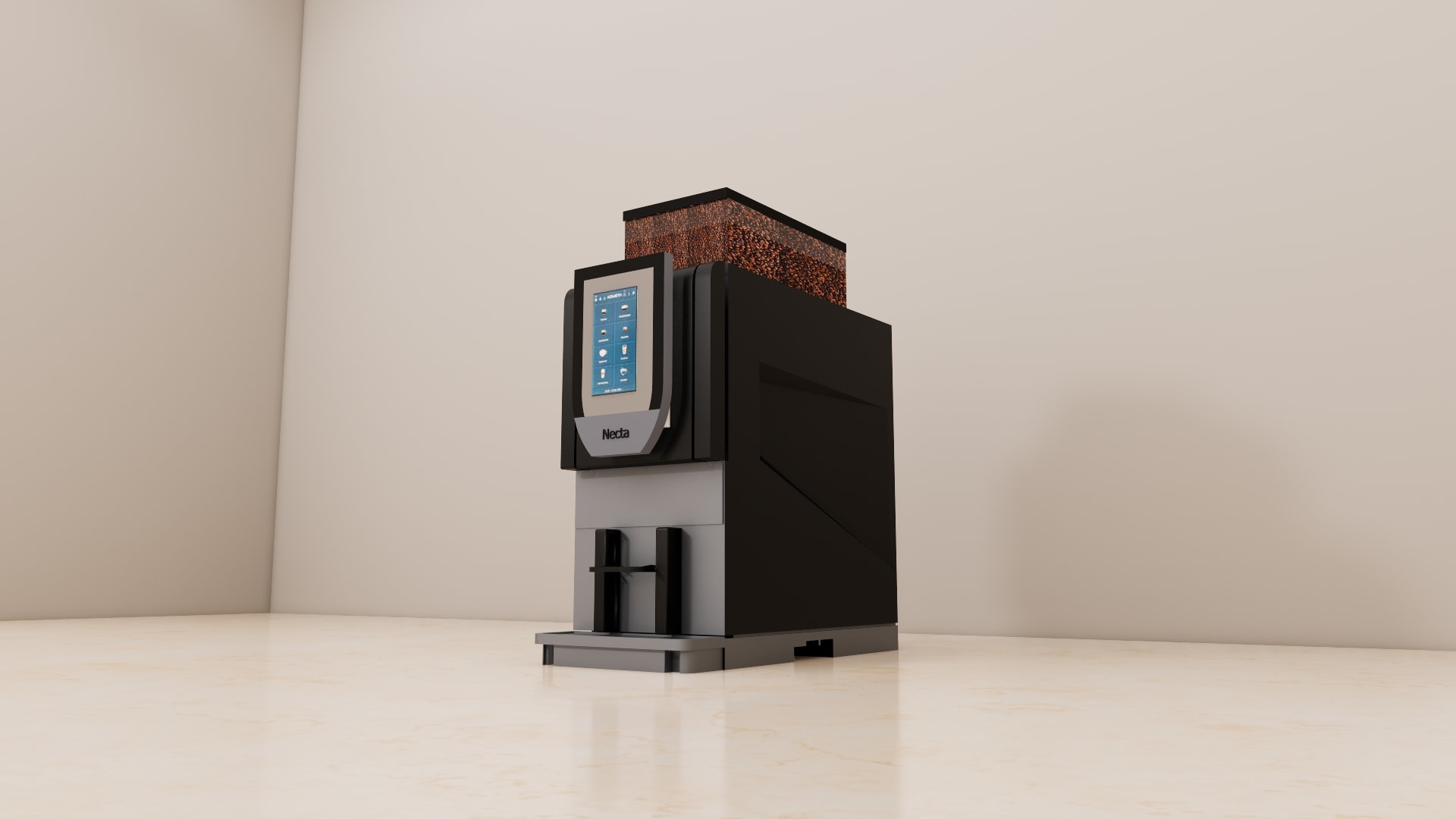 Necta Kometa commercial coffee machine 3D model, dispensing area with cup rest, black posts and grey drip tray