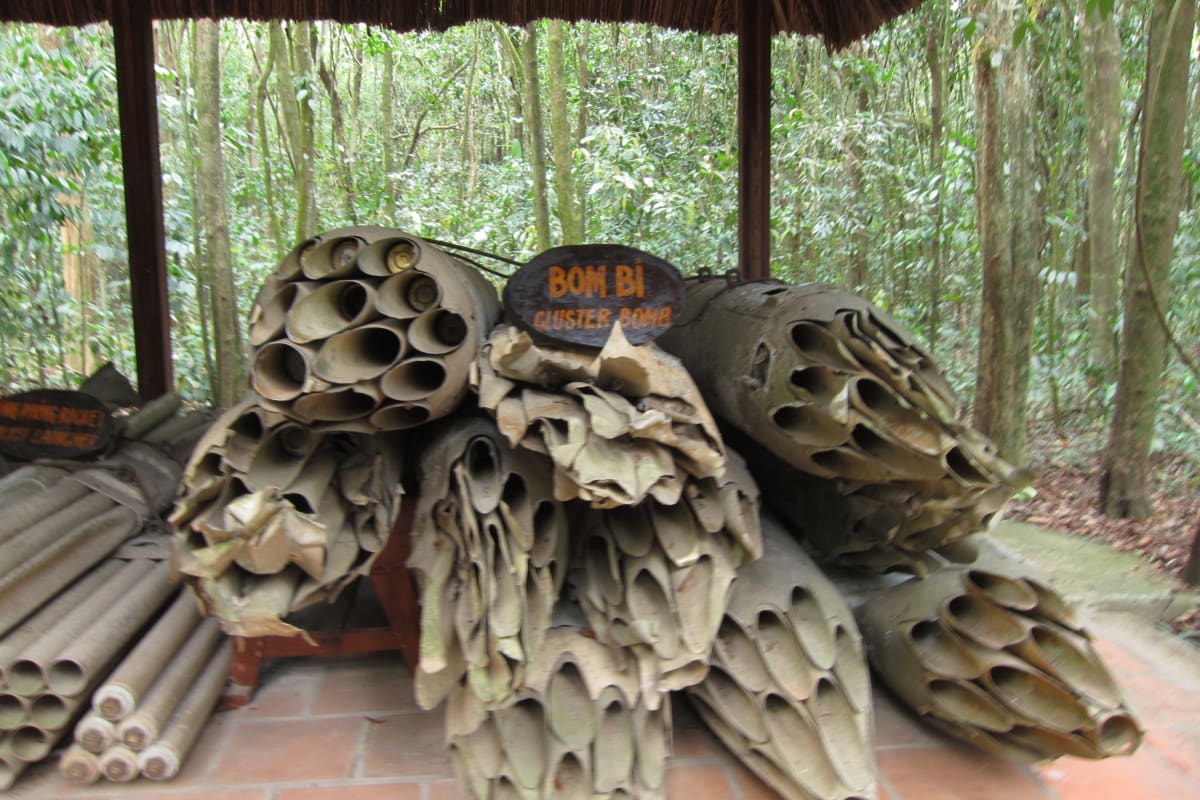 Stack of empty shells from bombs on display at the Củ Chi Tunnels visitor centre near Ho Chi Minh City.