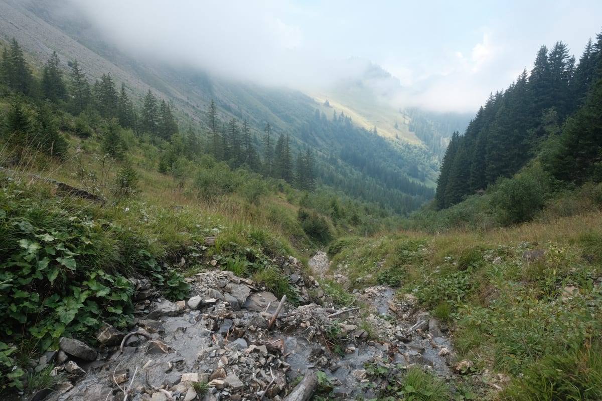 Water draining down the mountain over rocks.