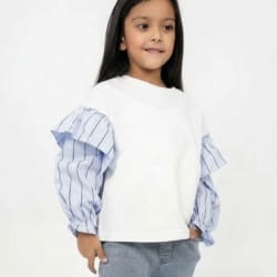 White And Blue Sleeves Top For Girls