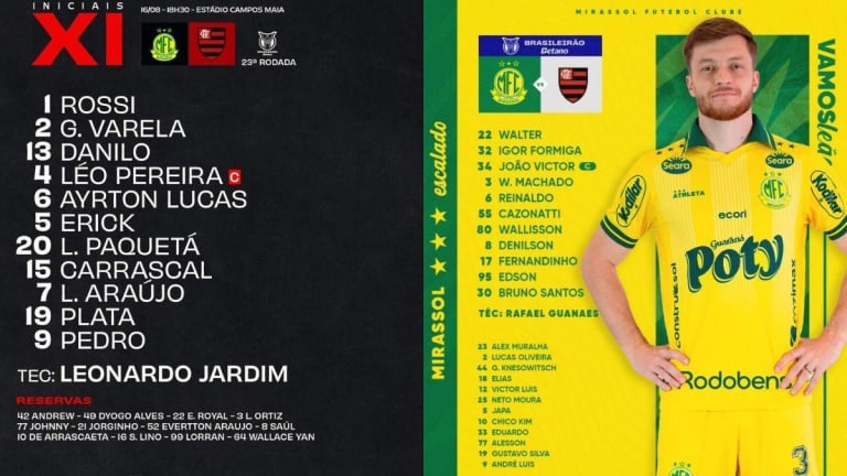 Flamengo e Mirassol escalados no Brasileirão com desfalques importantes
