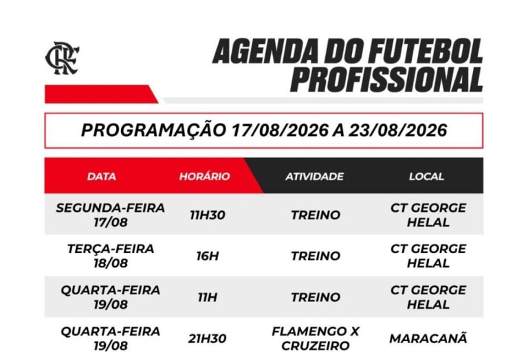 Confira a agenda de jogos e compromissos das equipes de futebol do Flamengo nesta semana