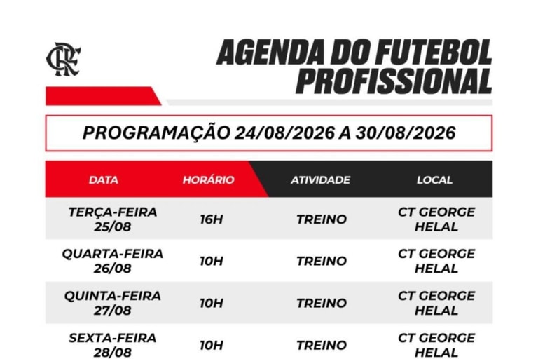 Agenda semanal do futebol profissional e destaques das modalidades do Flamengo
