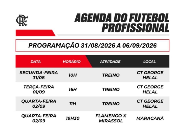 Flamengo divulga agenda do futebol profissional da próxima semana