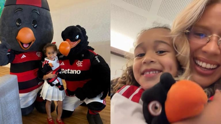 Cecília, enteada de Léo Pereira, rouba a cena com mascotes do Flamengo