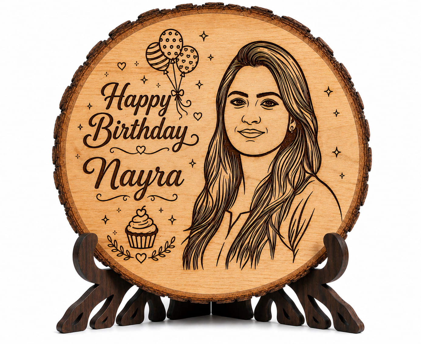 Personalized photo engraved real wood plaque with custom laser engraving and display stand