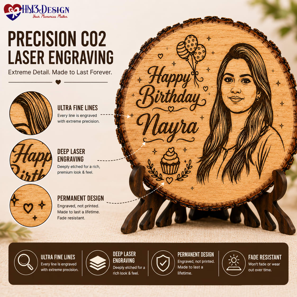 Detailed laser engraved photo on natural wood plaque showing fine engraving quality and craftsmanship