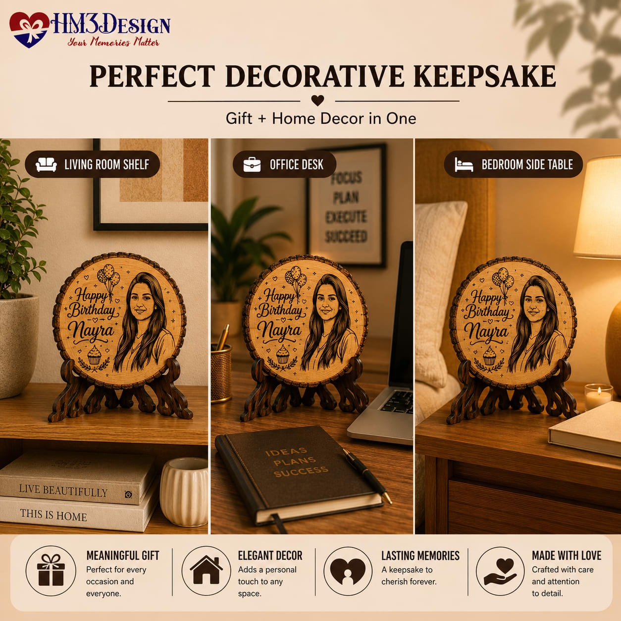 HM3Design personalized photo engraved real wood plaque custom laser engraved wooden gift