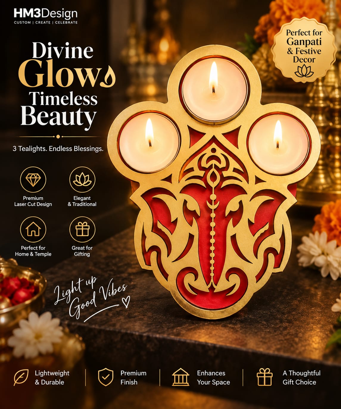 Divine Ganesha Triple Tealight Holder