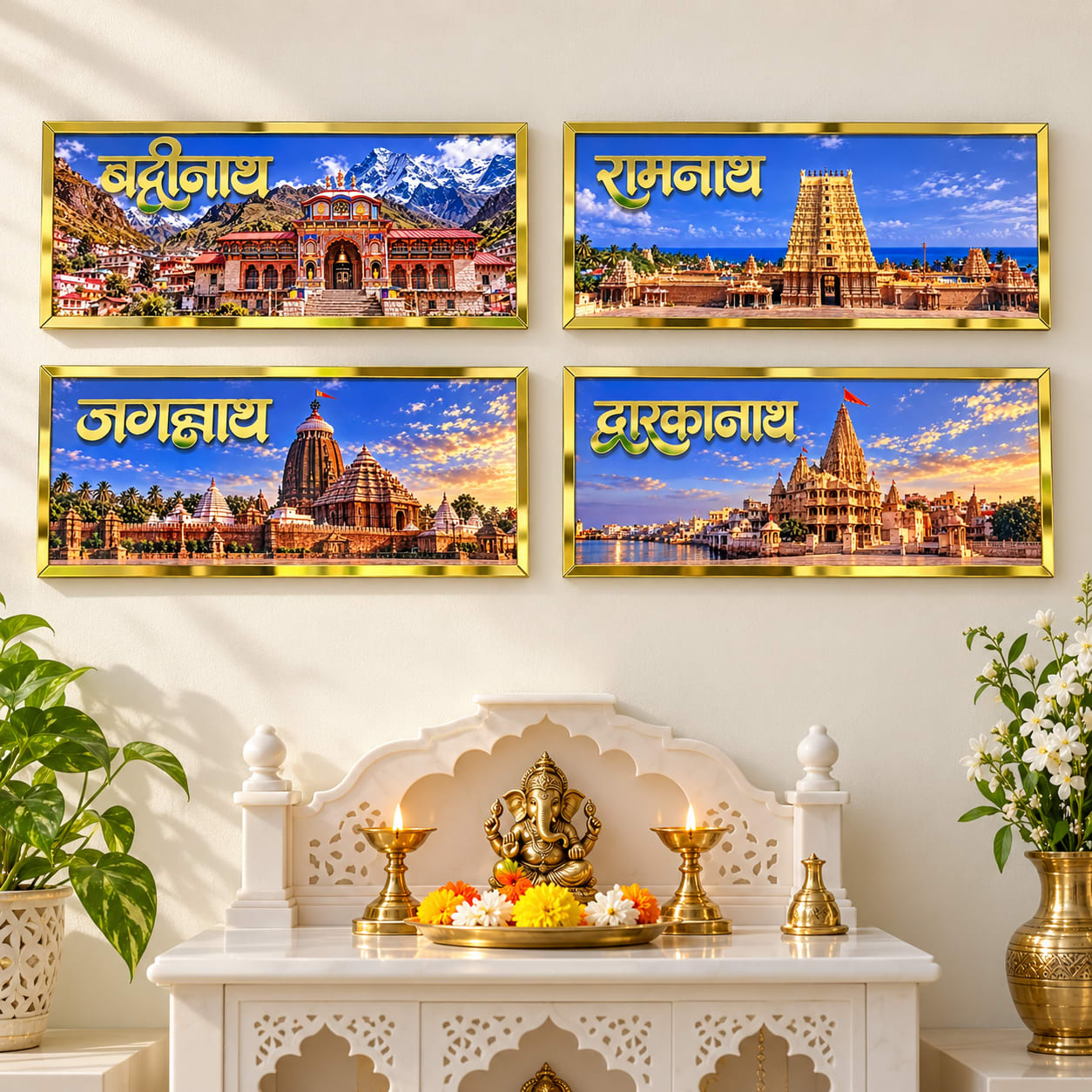 Char Dham Wall Frame Set of 4 | Badrinath, Ramanath, Jagannath & Dwarkanath | Gold Finish Temple Wall Décor | 250 × 100 mm Each