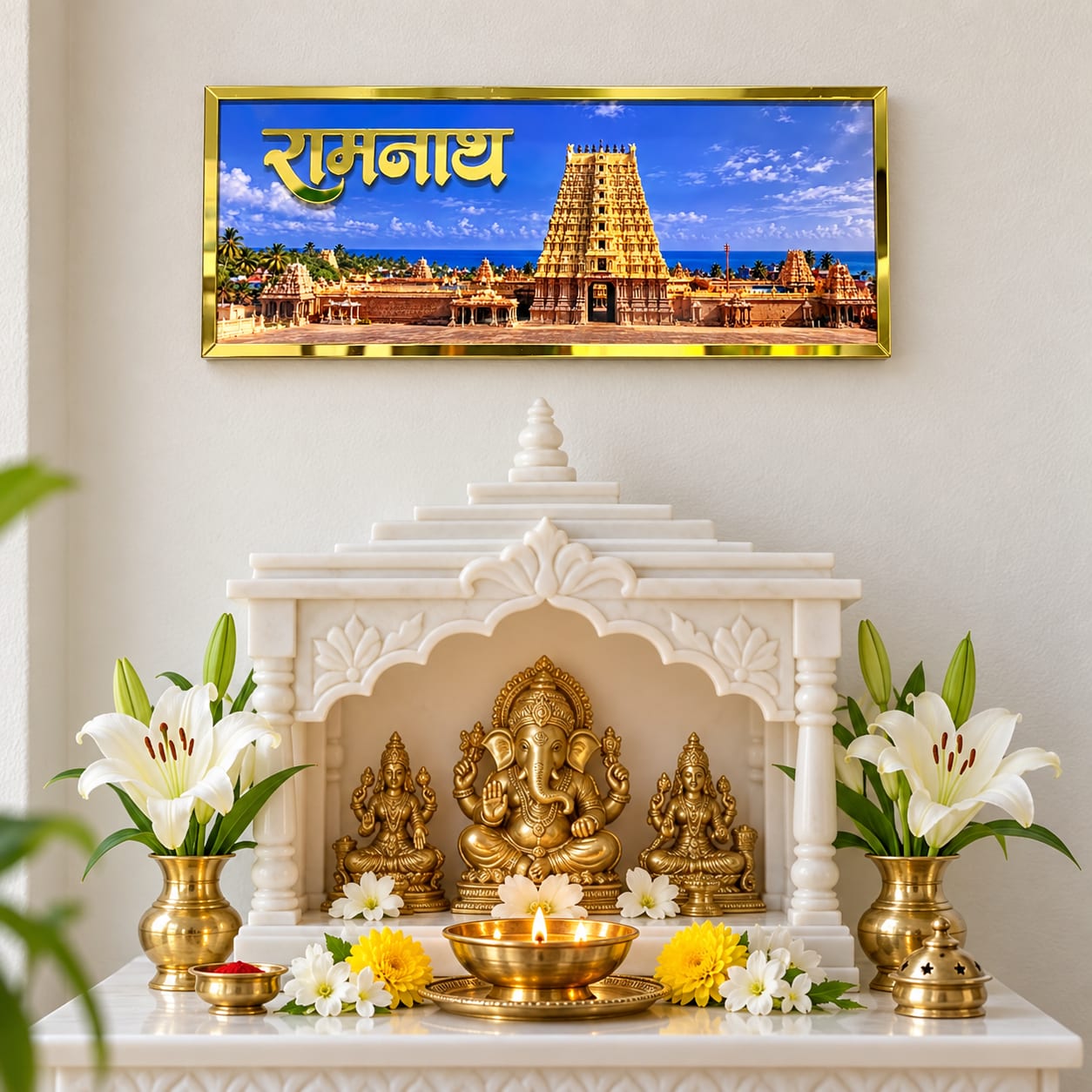 Char Dham Wall Frame Set of 4 | Badrinath, Ramanath, Jagannath & Dwarkanath | Gold Finish Temple Wall Décor | 250 × 100 mm Each