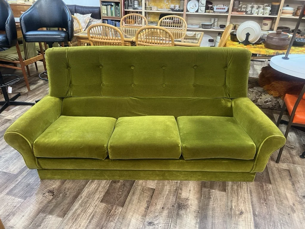 1970s Avocado Green Velvet Three Seater Lounge Sofa - Good condition - Moorabbin, 3189