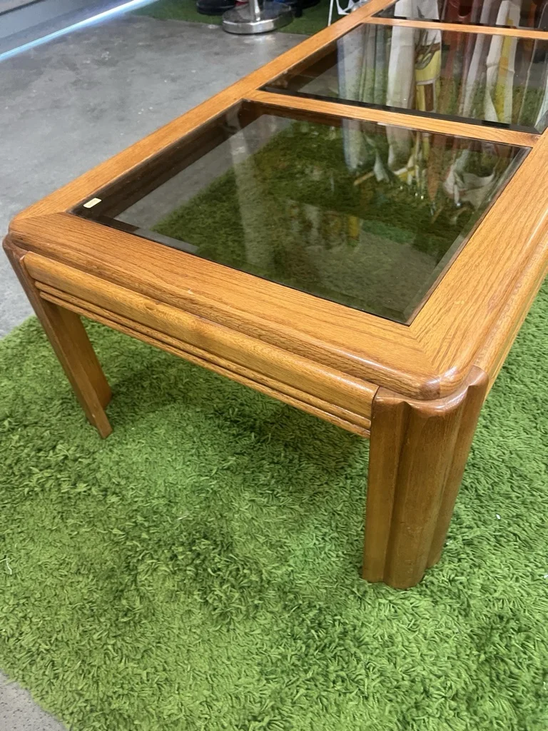 Vintage Wooden Coffee Table with Smoked Glass Panels - photo 2