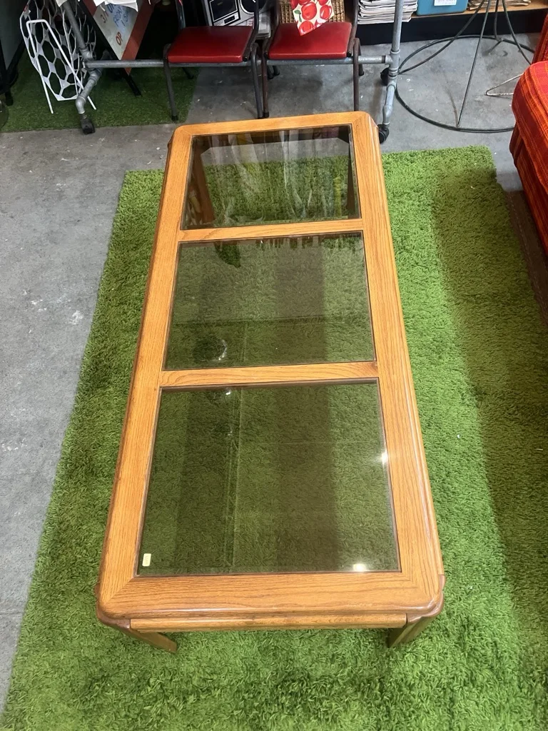 Vintage Wooden Coffee Table with Smoked Glass Panels - photo 3
