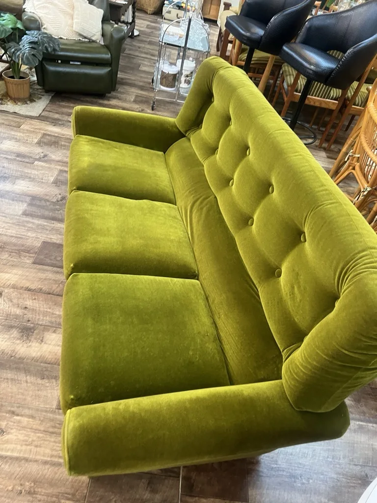 1970s Avocado Green Velvet Three Seater Lounge Sofa - photo 2
