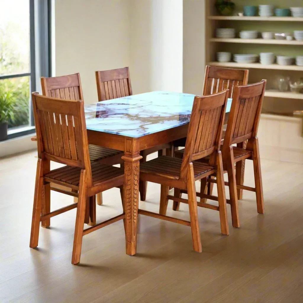6-Seater Wooden Dining Table Set with Marble- - Mint condition - Epping, Melbourne | Zirkly