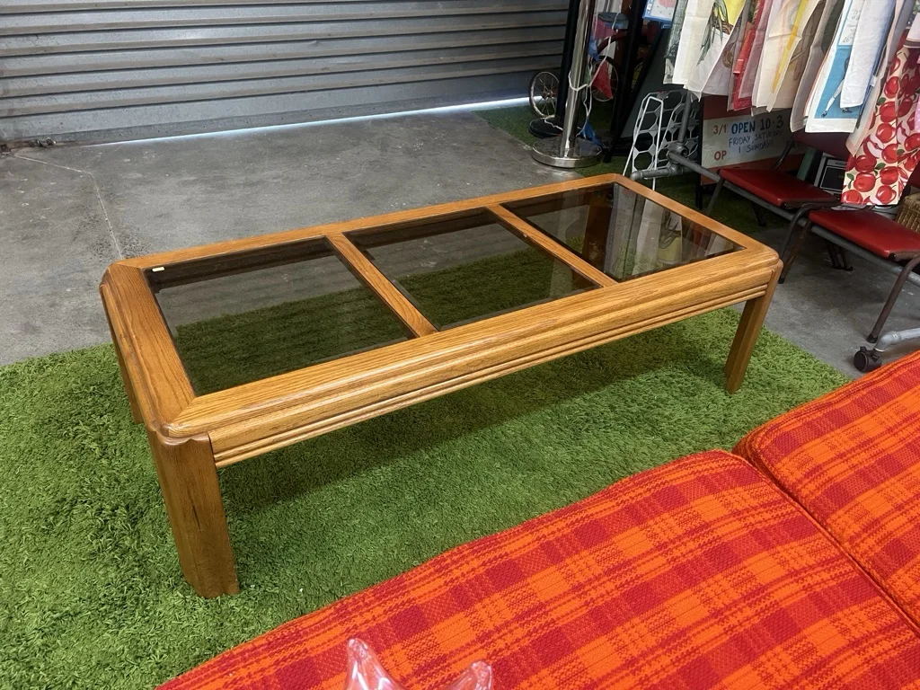 Vintage Wooden Coffee Table with Smoked Glass Panels - Good condition - Moorabbin, 3189