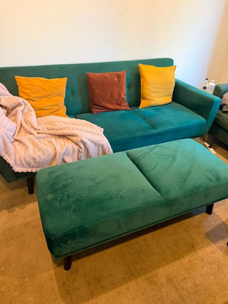 Green velvet sofa and matching Ottoman - Good condition - Maidstone, Melbourne | Zirkly