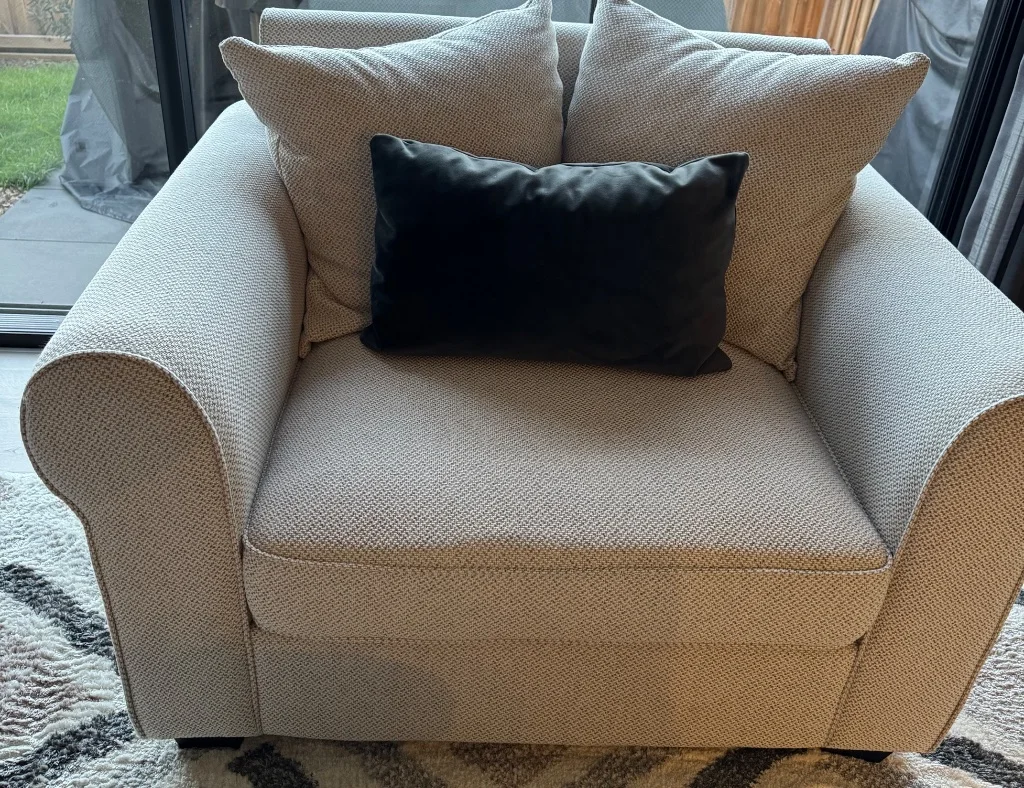 Light grey fabric two-seater sofa and matching arm chair - Mint condition - Boronia, Melbourne - Additional photo 2 | Zirkly
