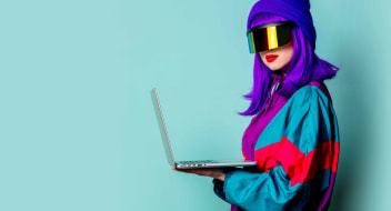 Woman with Purple Hair Holding Laptop
