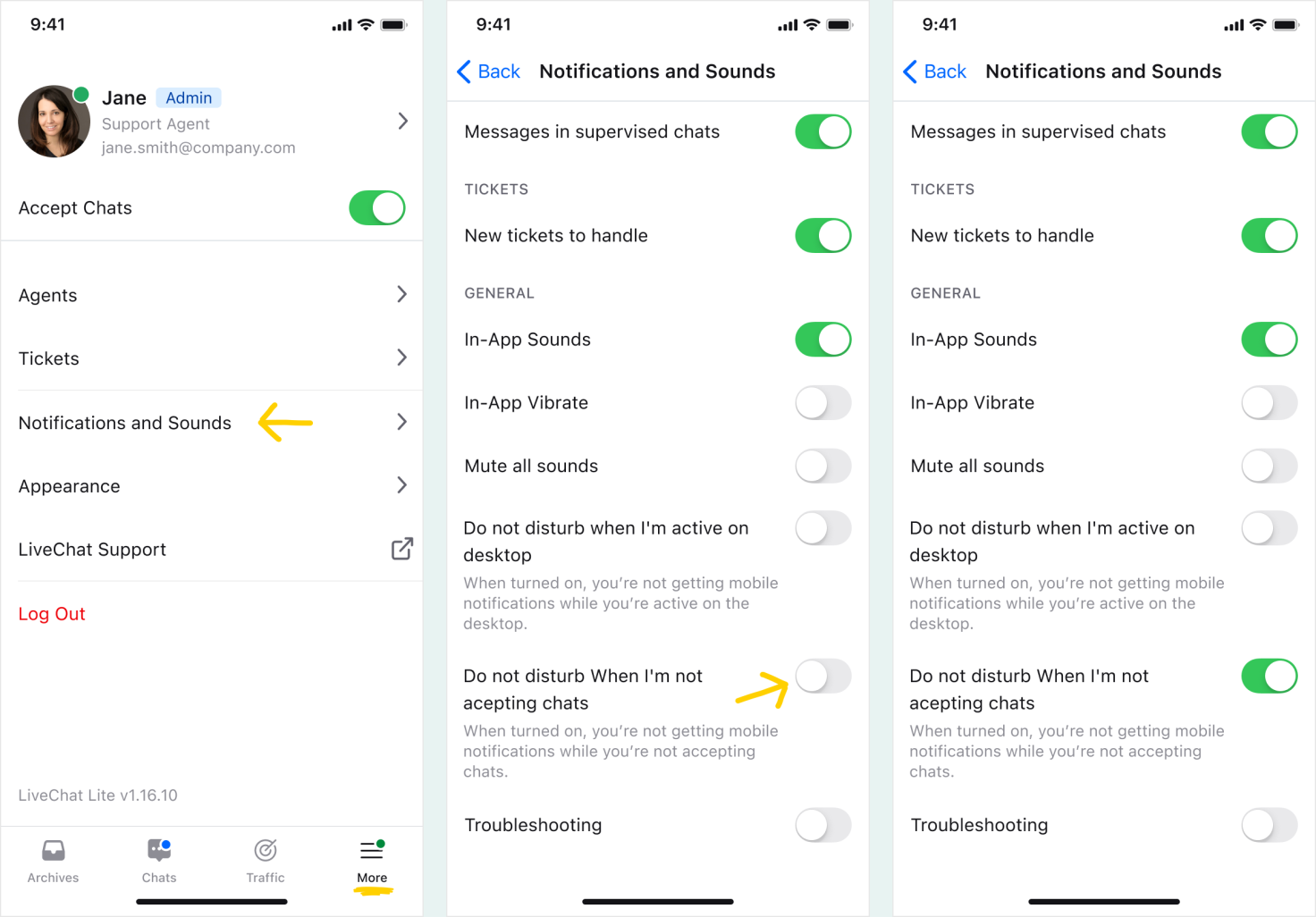 To set notifications, go to the **More** tab in the app , select **Notifications and sounds** and switch on the **Do not disturb when I’m not accepting chats** toggle.