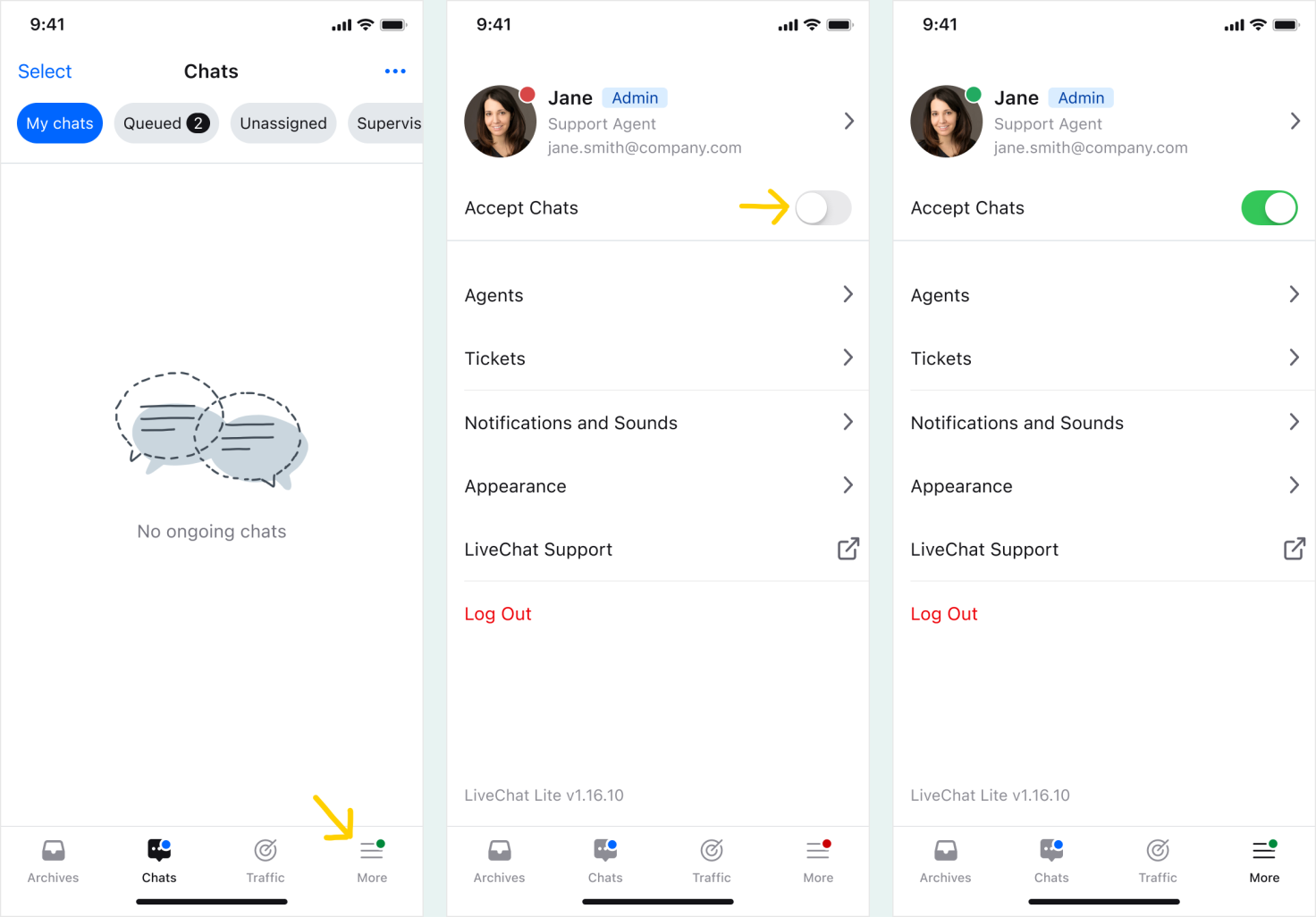 To start accepting chats, go to the **More** tab in the app and switch on the **Accept chats** toggle.