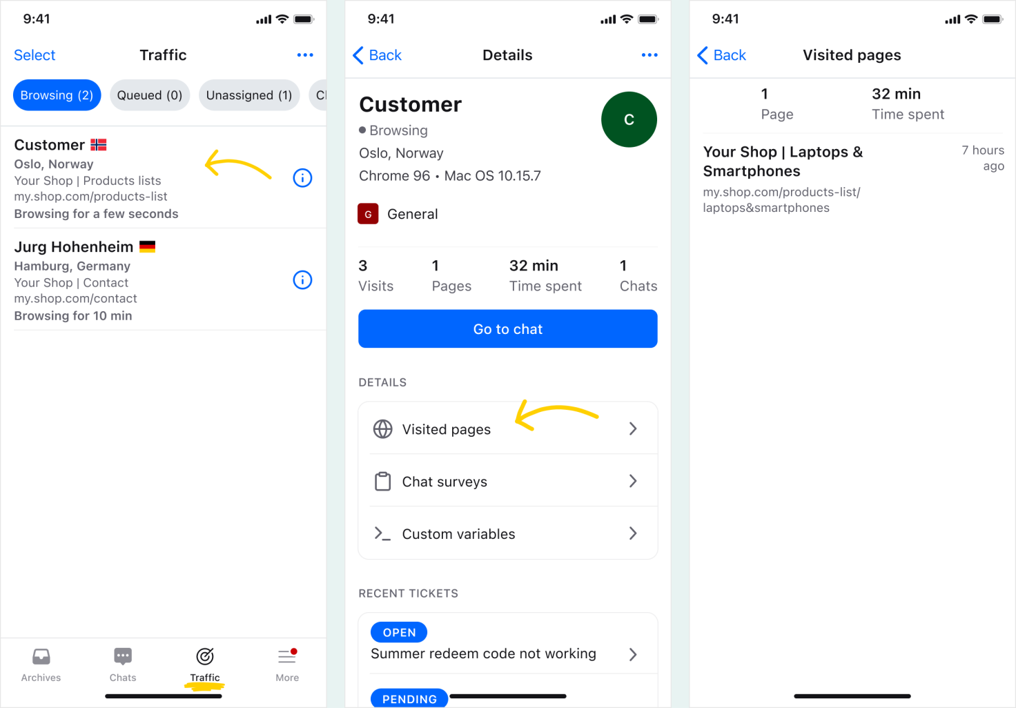 Go to the [Traffic](https://www.livechat.com/help/traffic/) tab to view visitors as they browse your website, and click on a visitor to see their details, such as their email address, location, or the pages they visited while browsing.