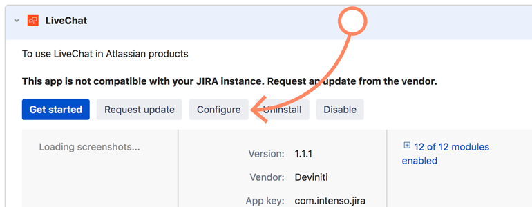 Jira: click on continue available under LiveChat app Jira: click on continue available under LiveChat app