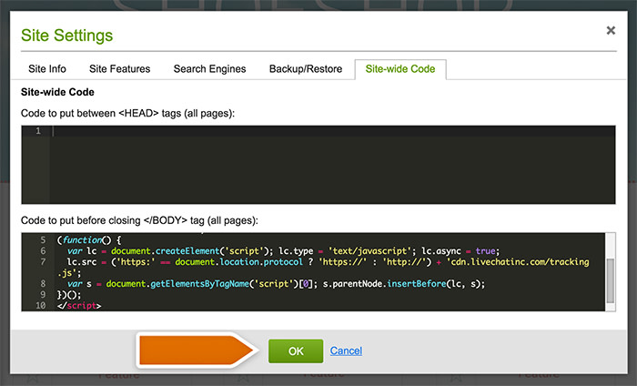 LiveChat tracking code in GoDaddy site settings LiveChat tracking code in GoDaddy site settings